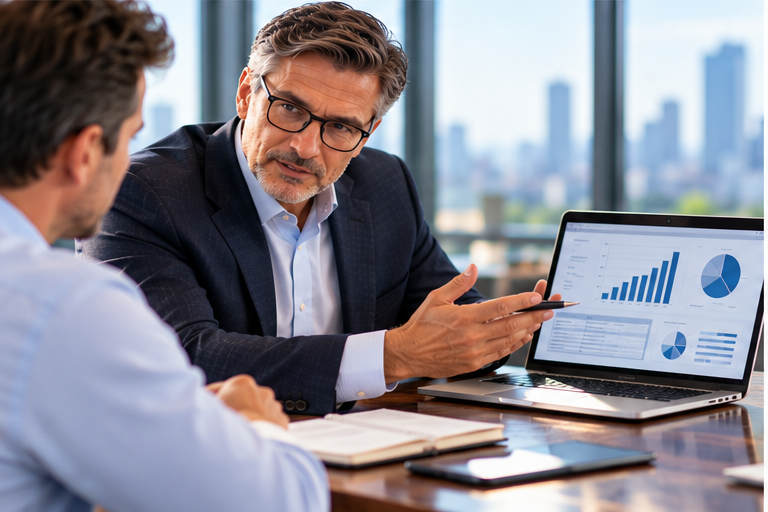 Two business professionals reviewing performance data on a laptop