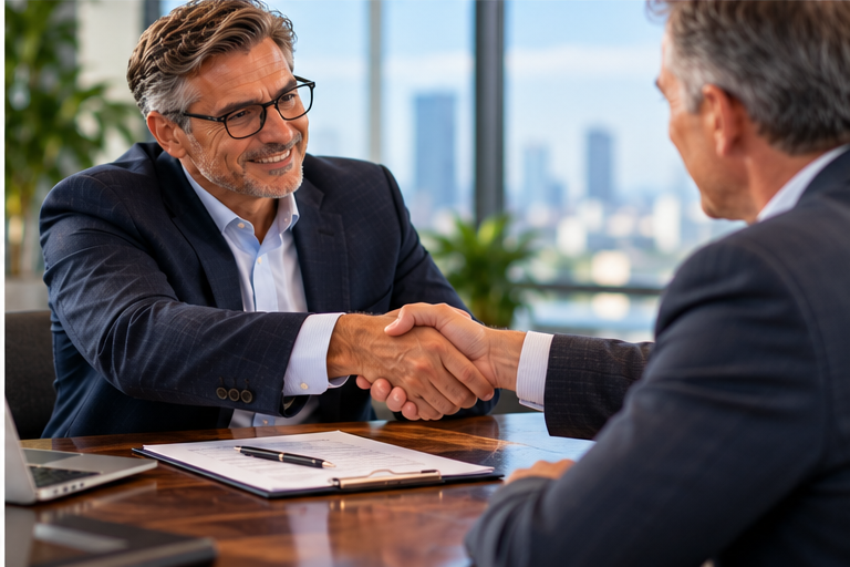 Two business leaders shaking hands across an office table