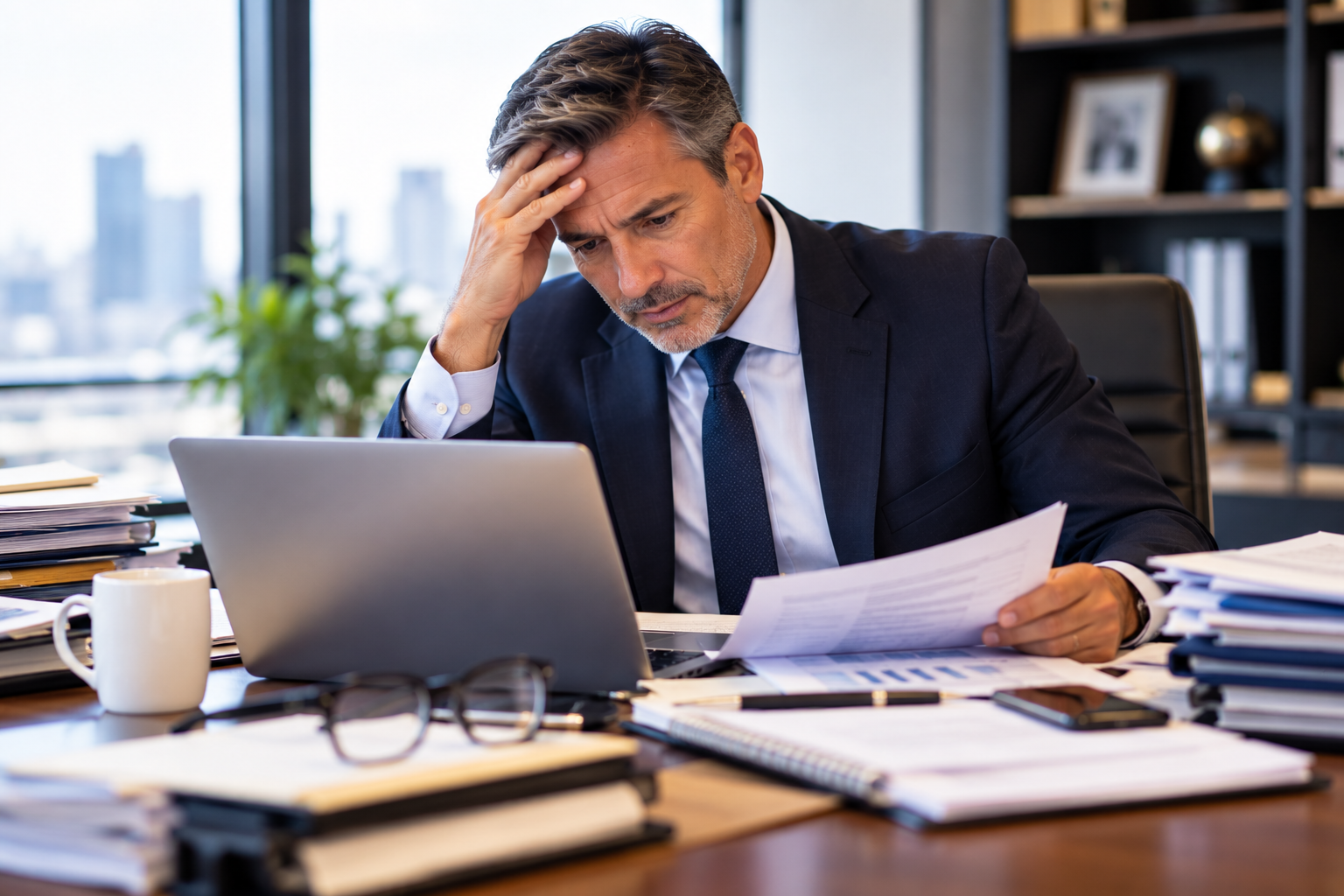 Stressed businessman reviewing documents at an office desk