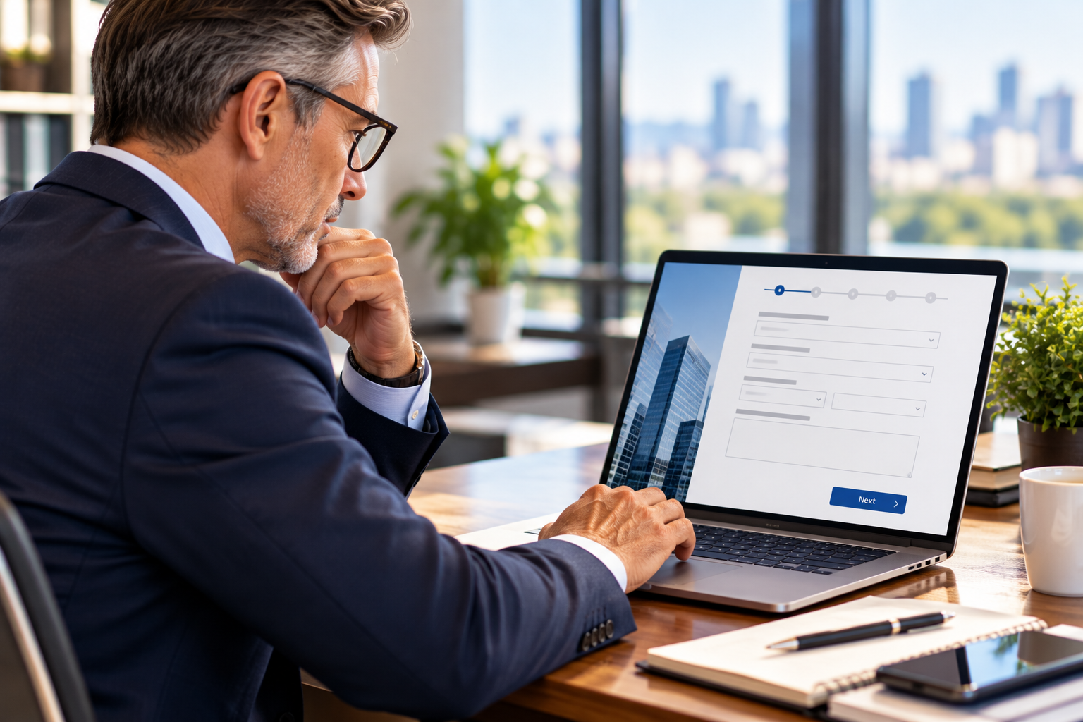 Executive reviewing a business needs assessment on a laptop