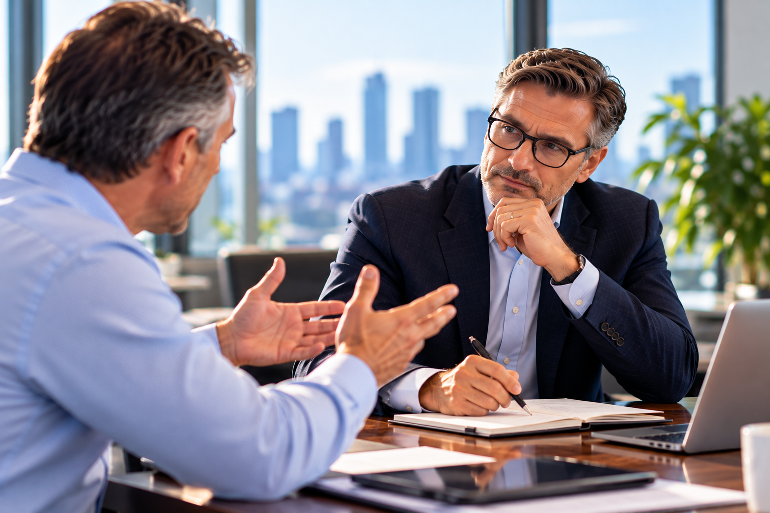Two business leaders in a focused meeting across a conference table