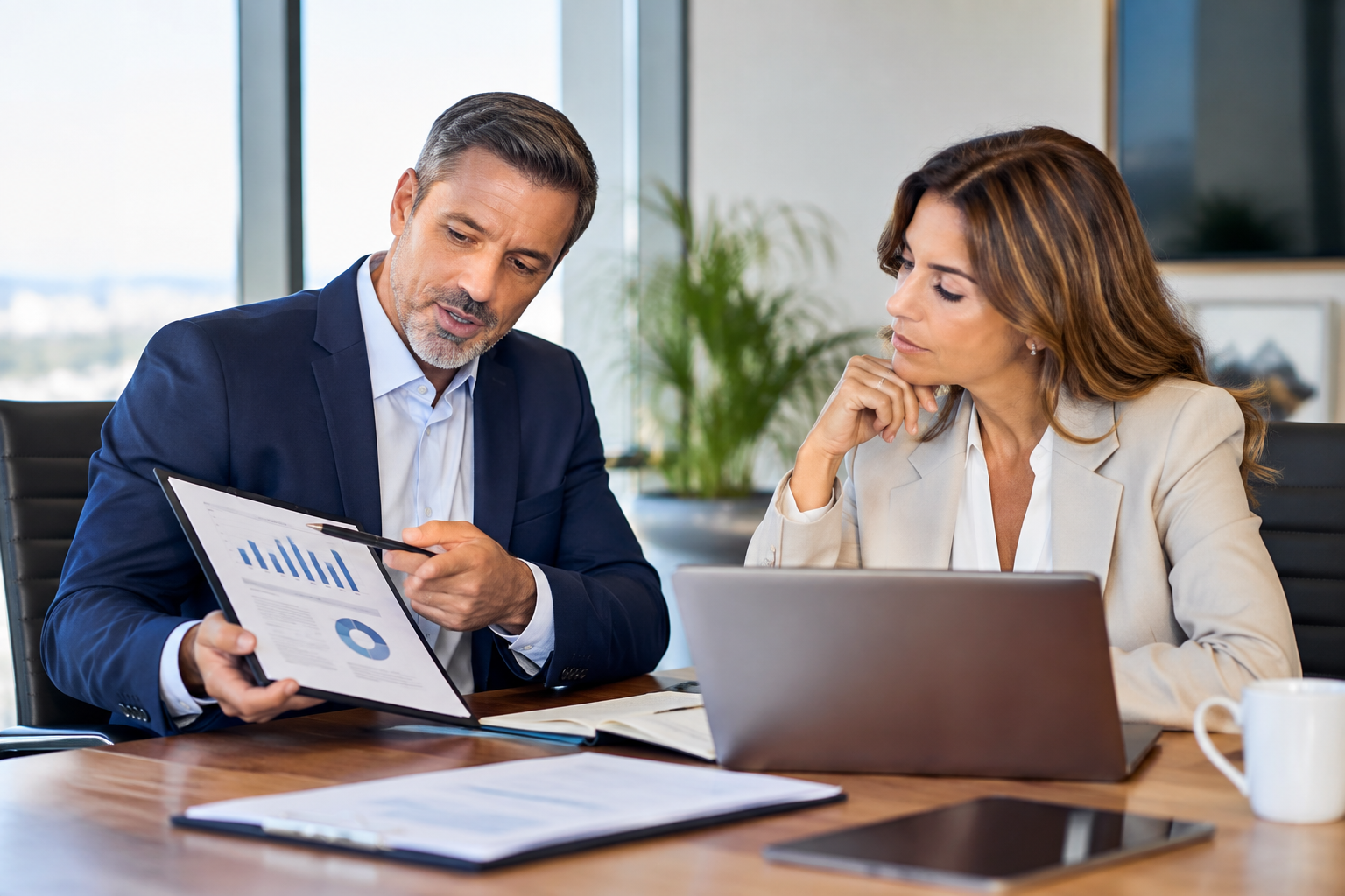 Two business professionals reviewing financial charts together at a conference table